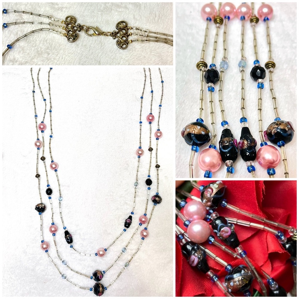 Vintage 3-strand Wedding Cake Beaded Necklace with Bugle Beads & Pink Pearls - Picture 2 of 15